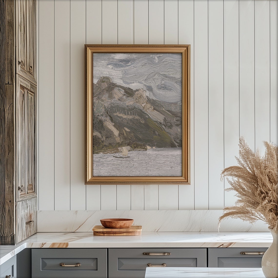 Gray Coastal Cliffs Impasto Swirling Waves Vintage Art Poster - Image 4