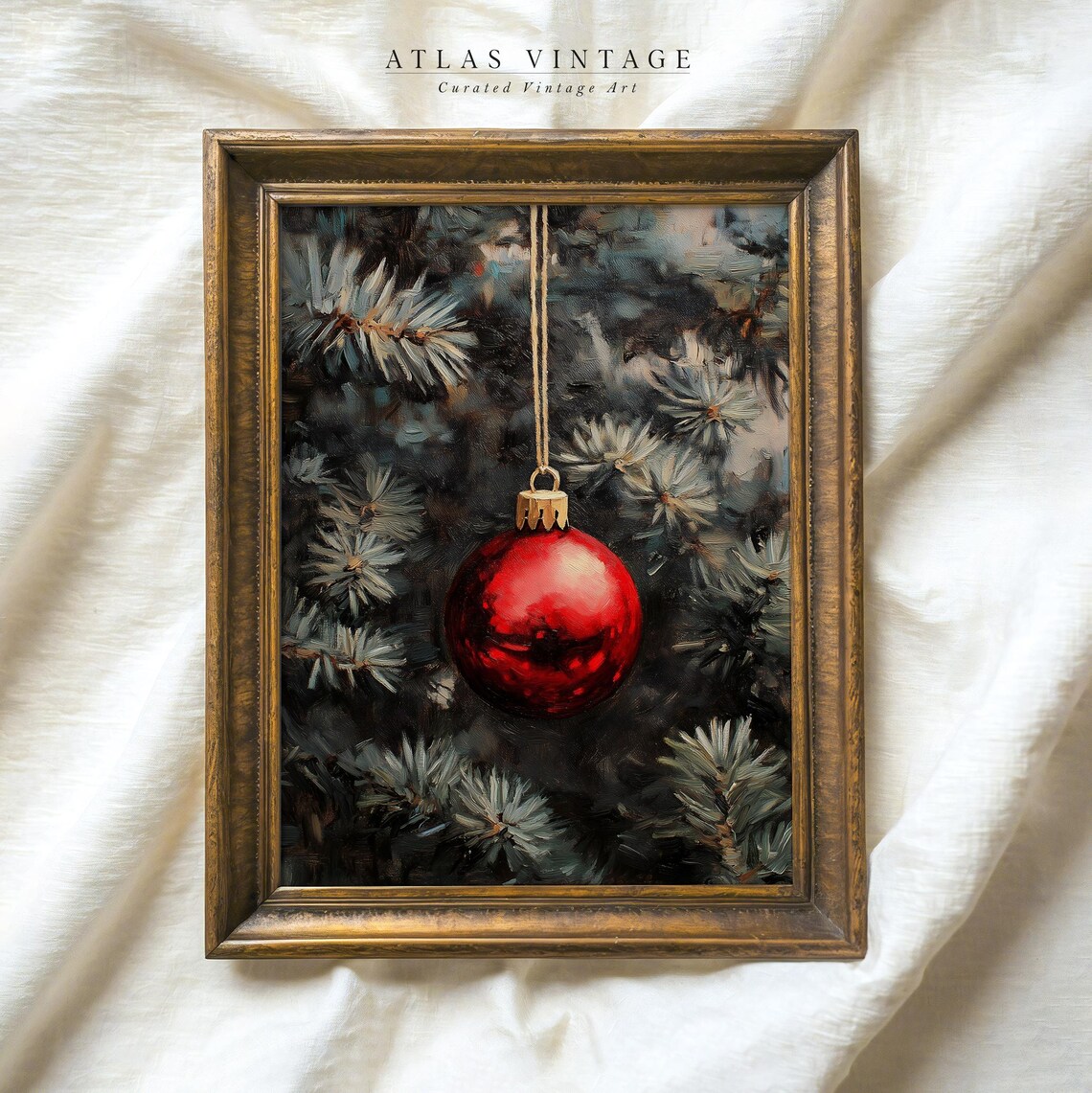 Red Christmas Bauble on Snowy Pine Vintage Oil Painting Poster
