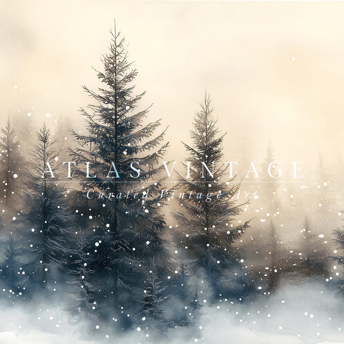 Misty Pine Trees in Falling Snow Dark Blue Vintage Frame TV Poster - Image 7
