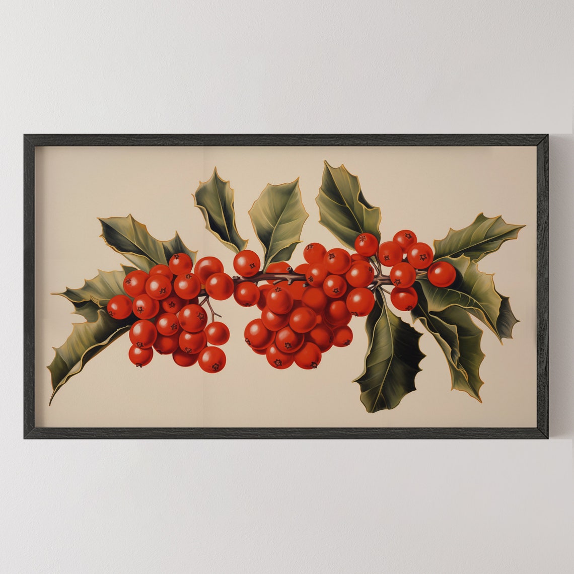 Red Holly Berries Vintage Botanical Christmas Frame TV Art Print - Image 3