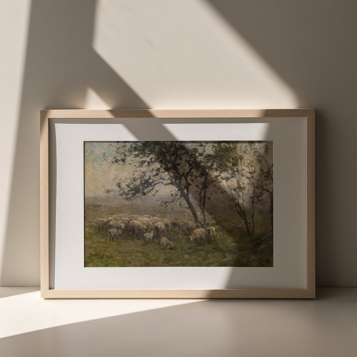 Sheep Flock in Misty Meadow Vintage Pastoral Painting Rustic Wall Art - Image 6