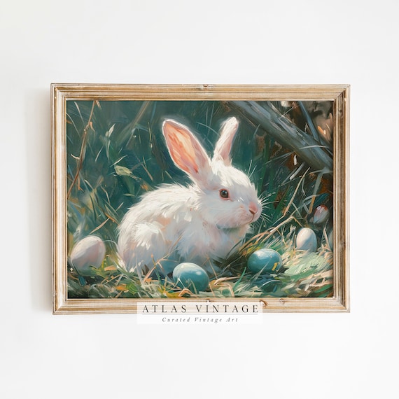 Vintage Easter Bunny Colorful Eggs Spring Rabbit Painting Poster