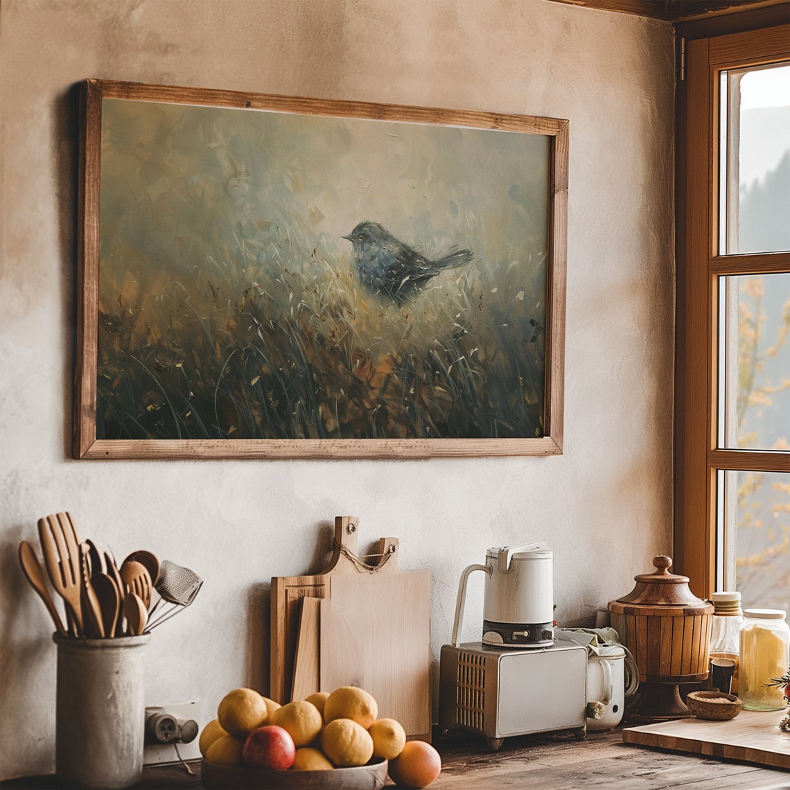 Small Dark Bird in Tall Grass Muted Vintage Impressionist Art Poster - Image 5