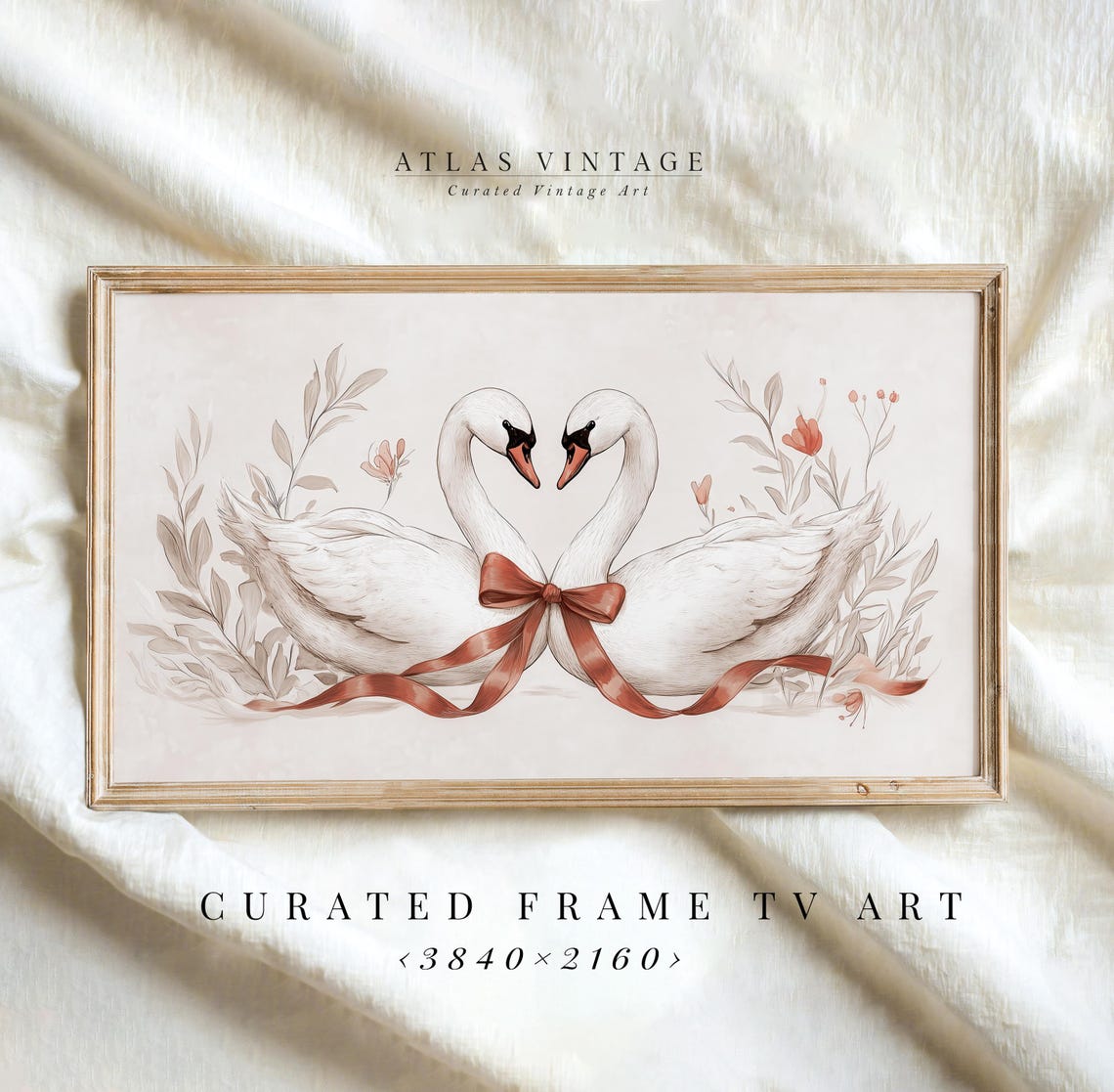 Two Swans Heart Shape Necks Red Ribbon Botanical Valentines Day Print