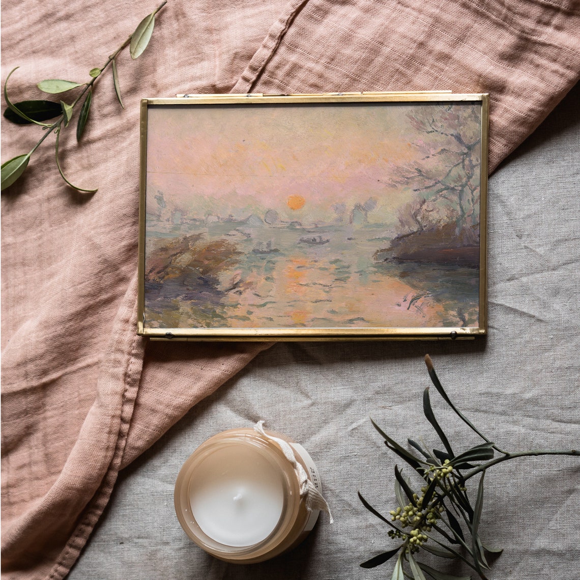 Impressionist Sunset Over River Orange Sun Boats Painting Poster - Image 2