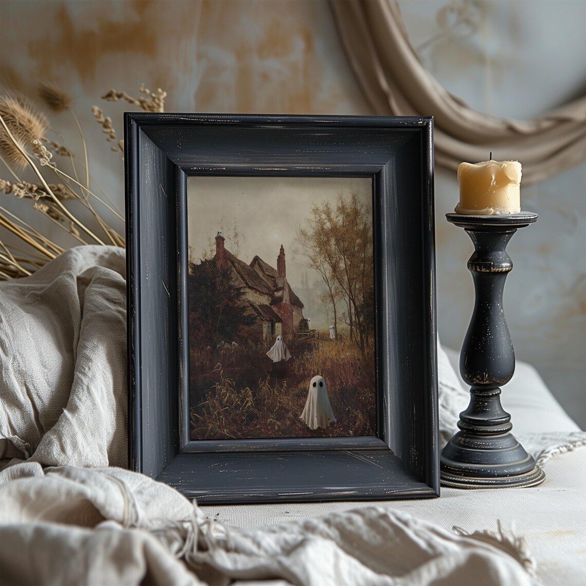 Cute Ghosts Autumn Marsh Old Cottage Vintage Halloween Landscape Art Poster - Image 3