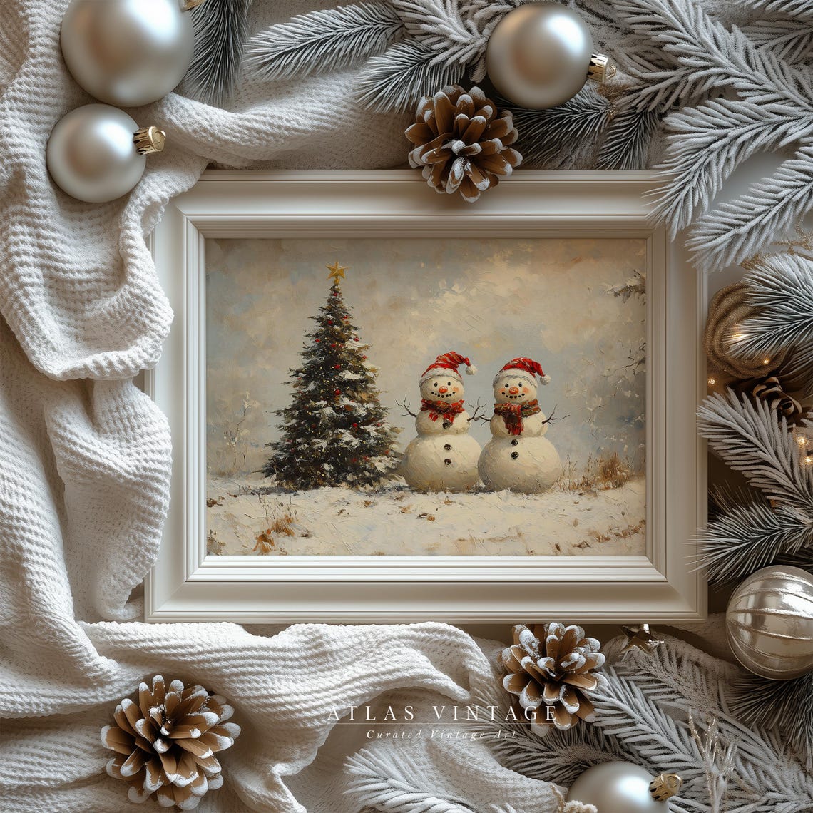 Two Snowmen With Santa Hats Beside a Snowy Christmas Tree Poster - Image 6