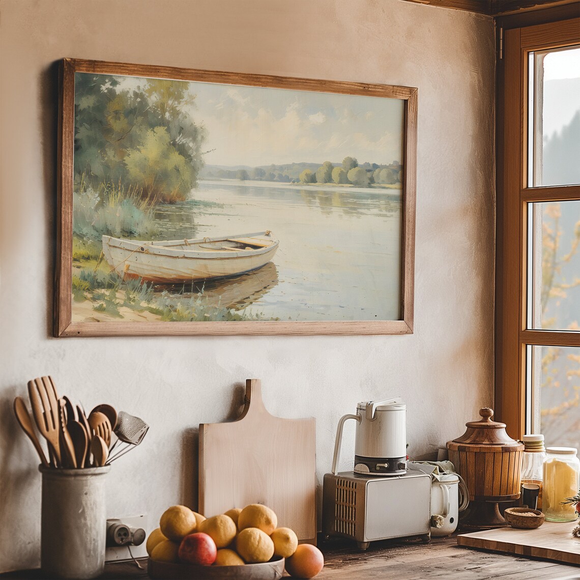 Vintage Summer Lake With White Rowboat Calm Water Landscape Painting Poster - Image 6