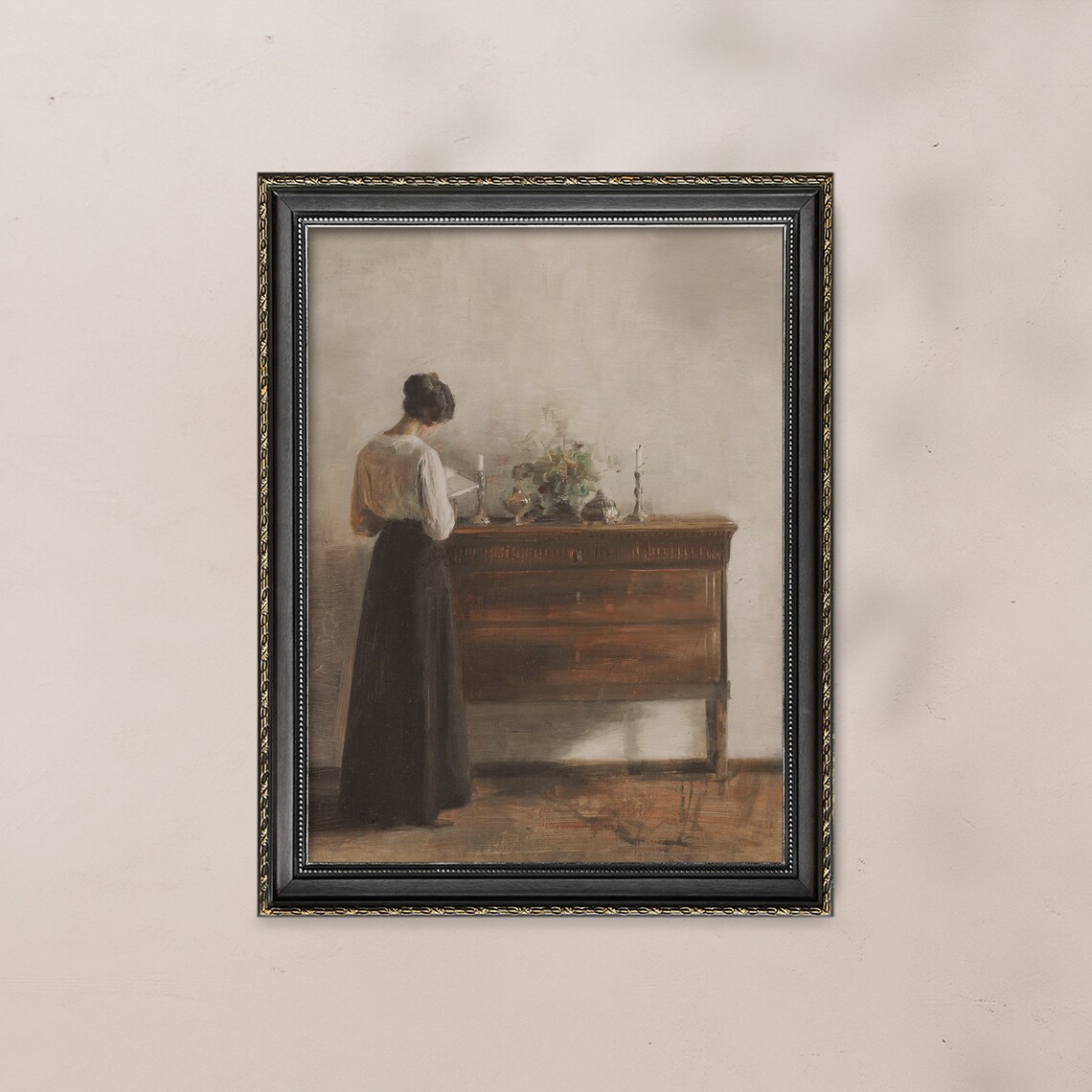 Woman Reading Letter at Antique Sideboard Vintage Interior Poster - Image 6