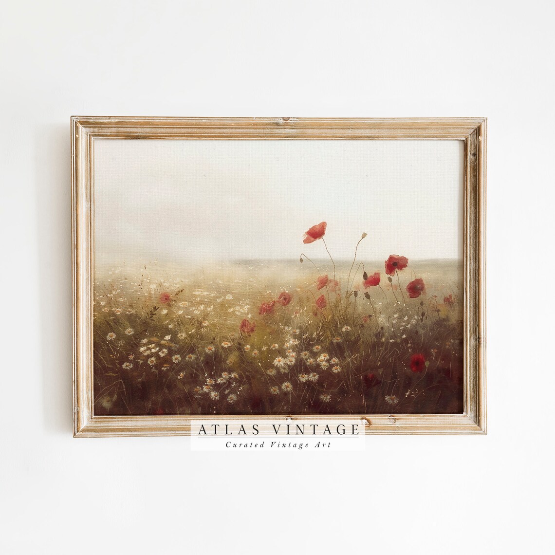 Red Poppies and Daisies in Meadow Vintage Wildflower Field Art Poster
