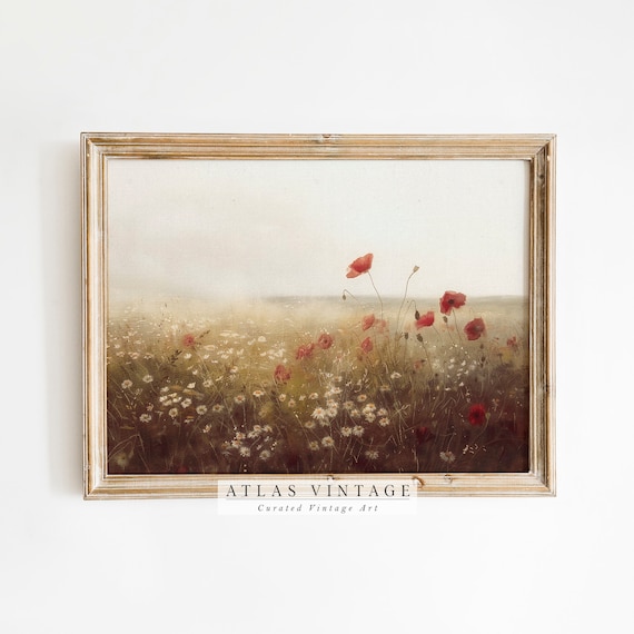 Red Poppies and Daisies in Meadow Vintage Wildflower Field Art Poster