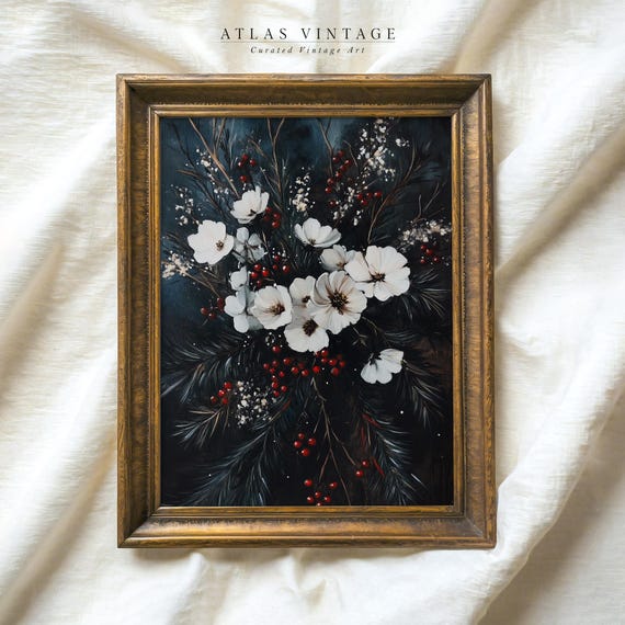 Vintage Winter Flower Painting Print Christmas Art Dark White Floral Decor Evergreen Berries Botanical Moody Holiday