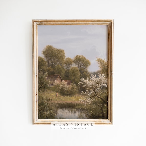 Vintage Country Cottage by Pond Spring Blossom Trees Landscape Art Poster
