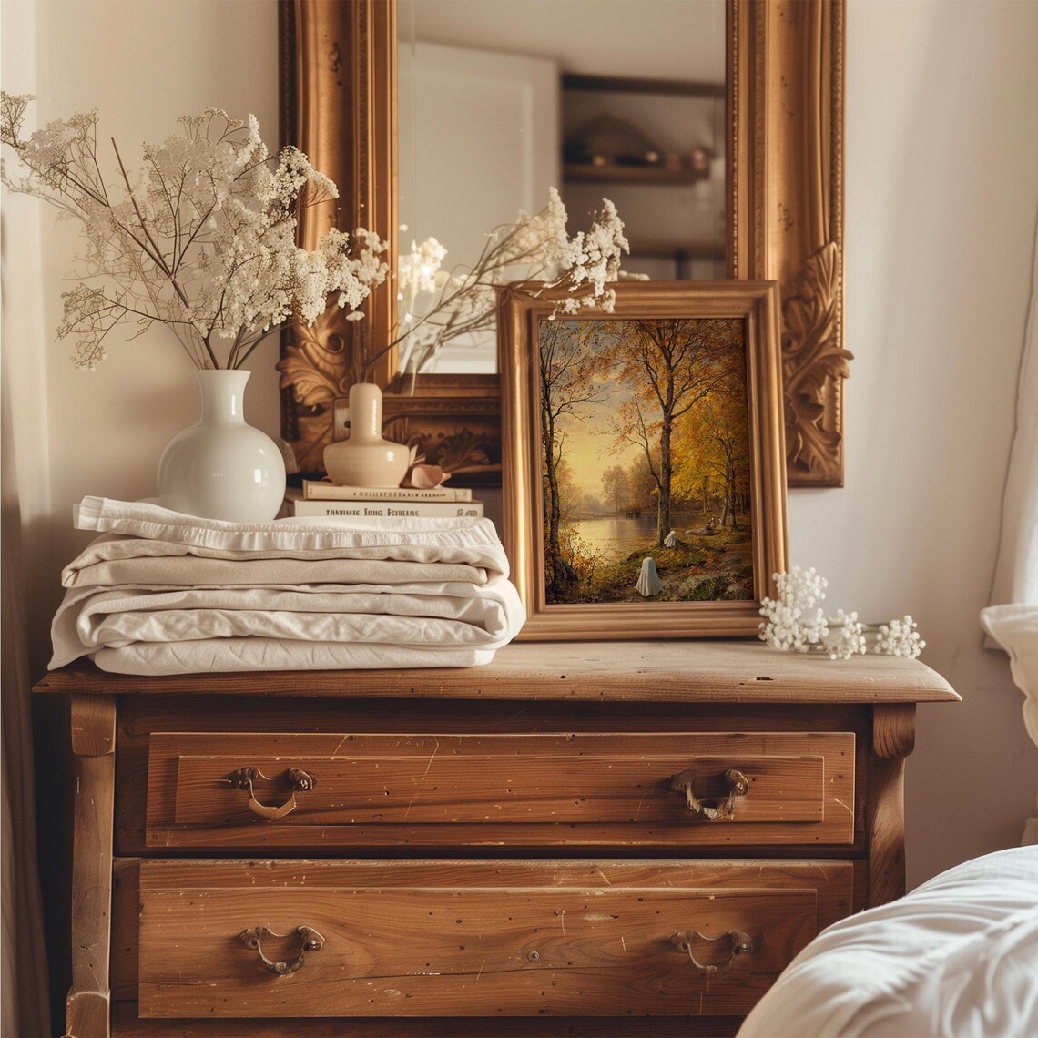 Two Cute Ghosts Golden Autumn Lake Forest Vintage Halloween Landscape Poster - Image 4