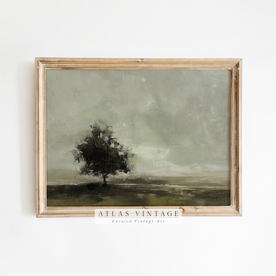 Moody Lone Tree in Green Field Minimalist Dark Landscape Art Poster