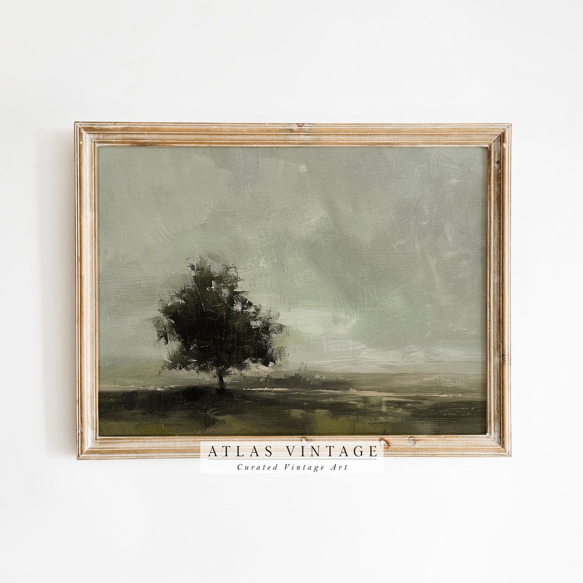 Moody Lone Tree in Green Field Minimalist Dark Landscape Art Poster
