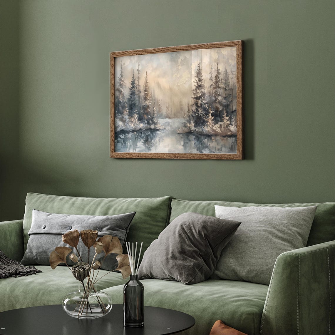 Misty Winter Pine Forest Frozen Lake Reflection Painting Poster - Image 5