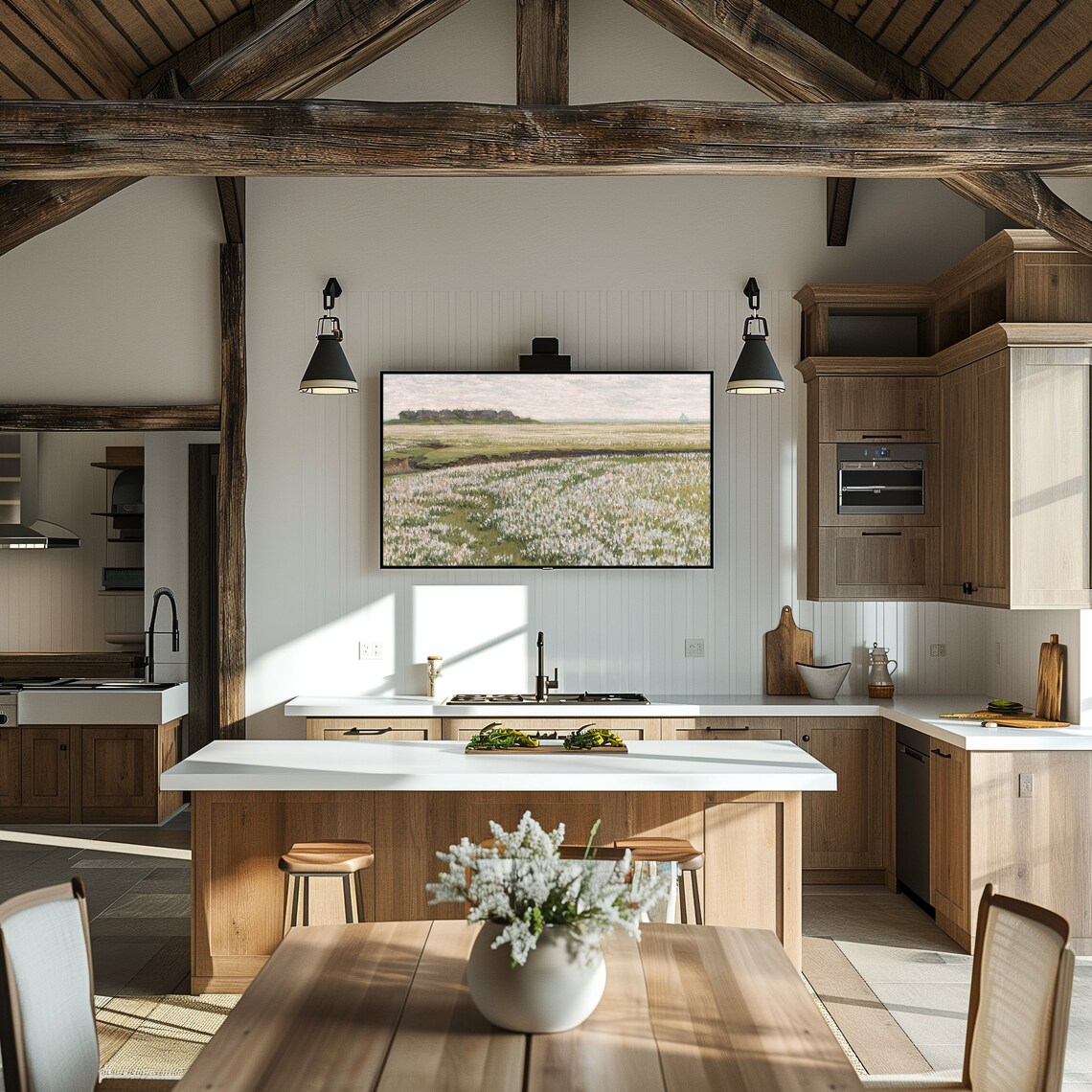 Coastal Wildflower Marsh Cottages Sailboat Vintage Landscape Frame TV Wall Art - Image 6