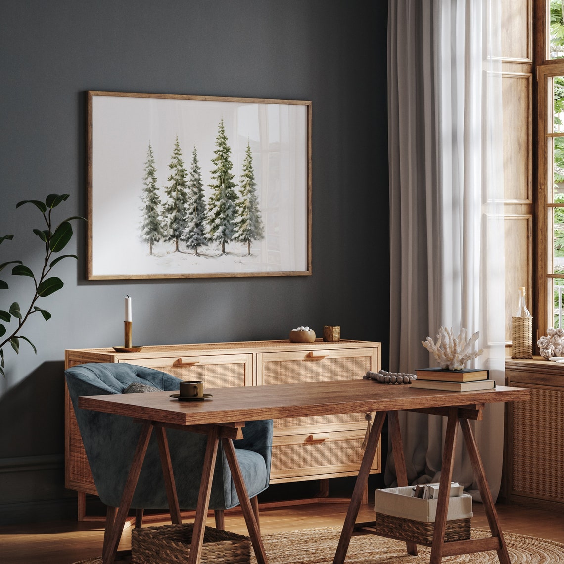 Five Snowy Pine Trees on White Minimalist Watercolor Winter Poster - Image 7
