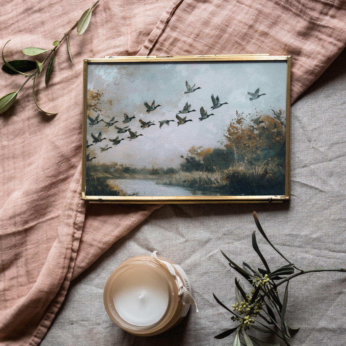 Flock of Ducks Flying Over River Vintage Wildlife Painting Poster - Image 3