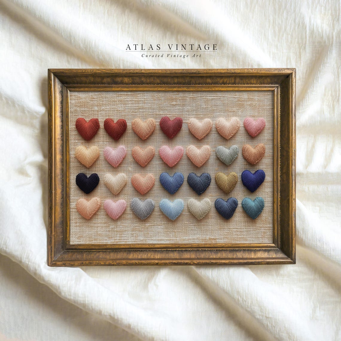 Rustic Embroidered Heart Grid Pastel Linen Textile Art Poster - Image 7