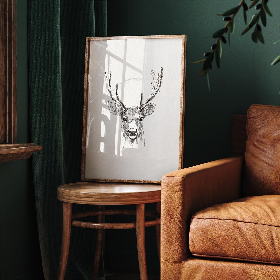 Stag Head Pencil Sketch Minimalist Deer Antlers Oval Art Poster - Image 7