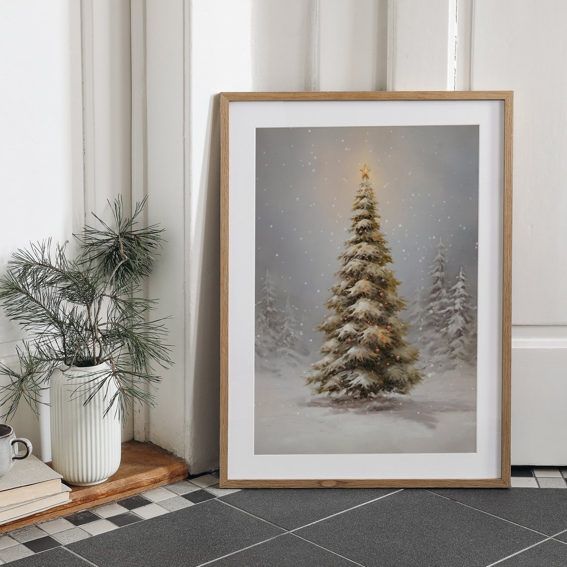 Snowy Christmas Tree Star Topper Falling Snow Winter Farmhouse Poster - Image 4
