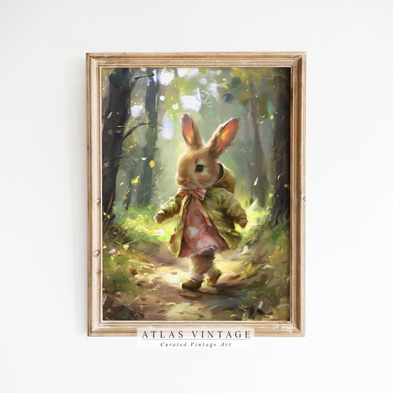Cute Hiking Easter Bunny Print Vintage Spring Rabbit Wall Art Nursery Kids Room Dcor Antique Bunny Painting