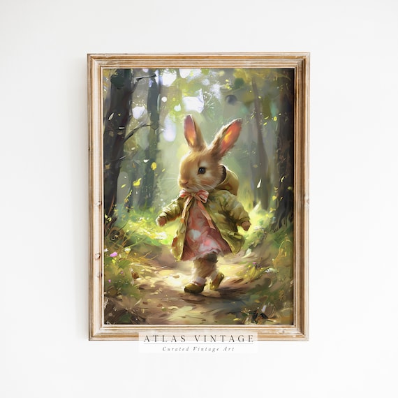 Storybook Bunny In Green Coat Walking Sunlit Forest Path Art Poster