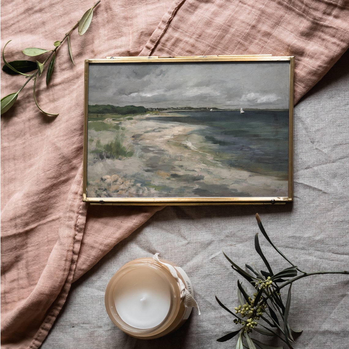 Vintage Beach Seascape with Sailboats under Cloudy Sky Poster - Image 5
