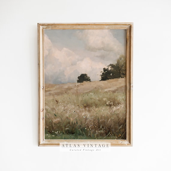 Summer Meadow Wildflower Field Billowing Clouds Vintage Landscape Poster