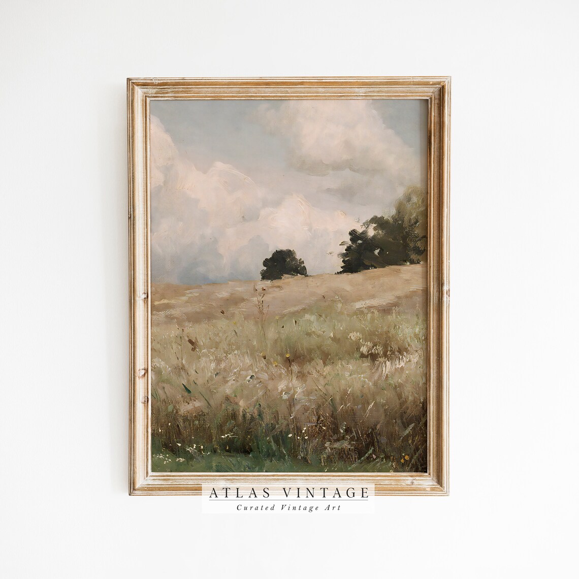 Summer Meadow Wildflower Field Billowing Clouds Vintage Landscape Poster