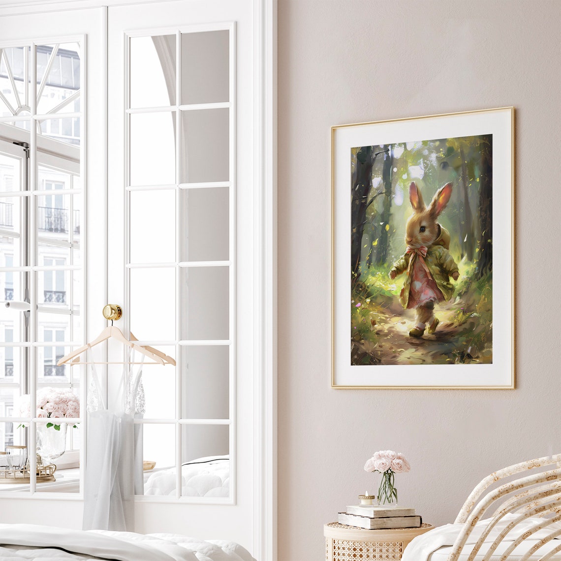 Cute Hiking Easter Bunny Print Vintage Spring Rabbit Wall Art Nursery Kids Room Dcor Antique Bunny Painting - Image 6