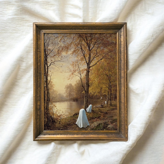 Cute Ghosts Hiding in Autumn Forest Lake Print Vintage Spooky Fall Art