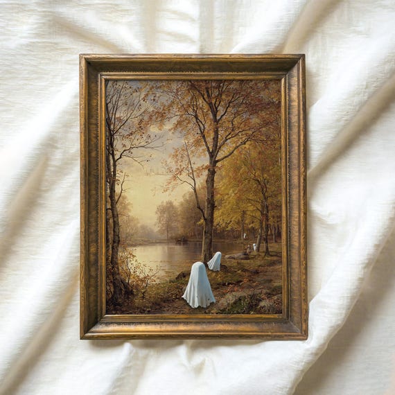 Vintage Halloween Ghosts Print Country Fall Landscape Decor Spooky Autumn Wall Art Cute Ghost Family In Dark Forest Painting