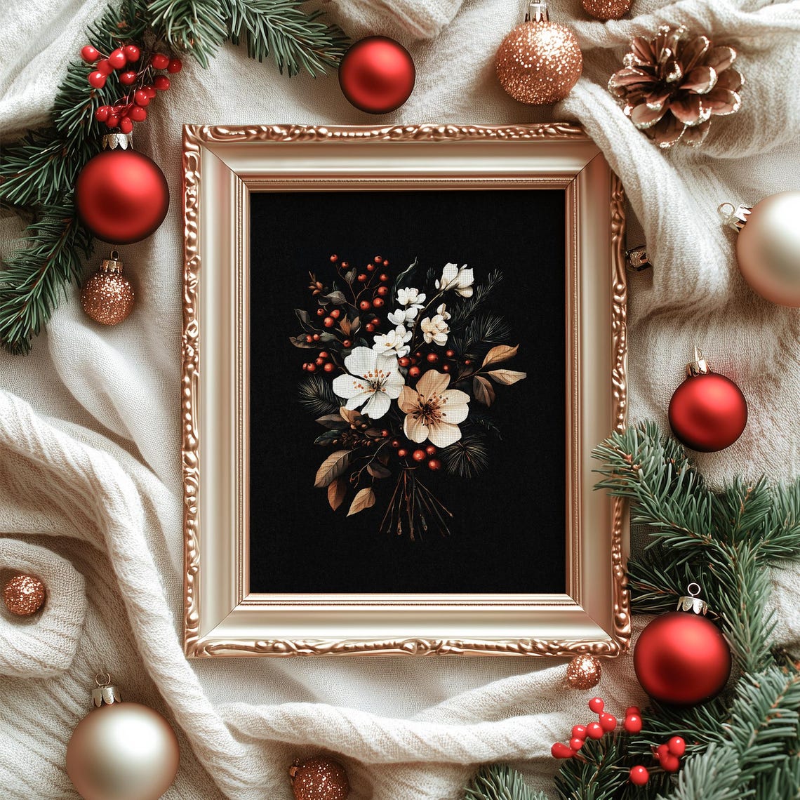 Dark Moody Winter Flower Bouquet Poster Christmas Botanical Art - Image 7