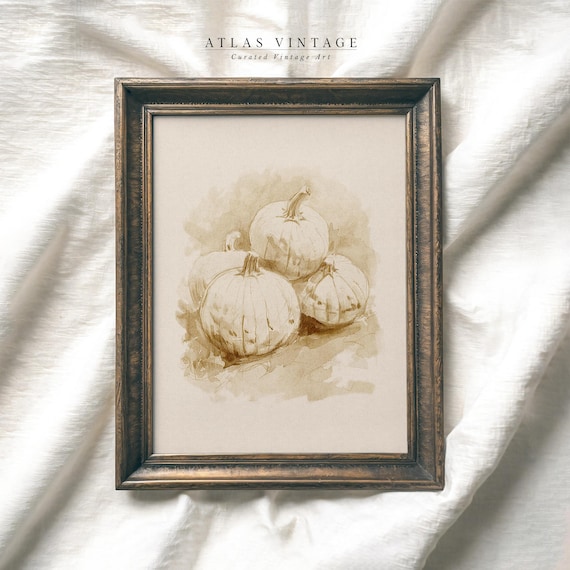 Pumpkins Sepia Sketch Fall Harvest Botanical Illustration Vintage Art Poster