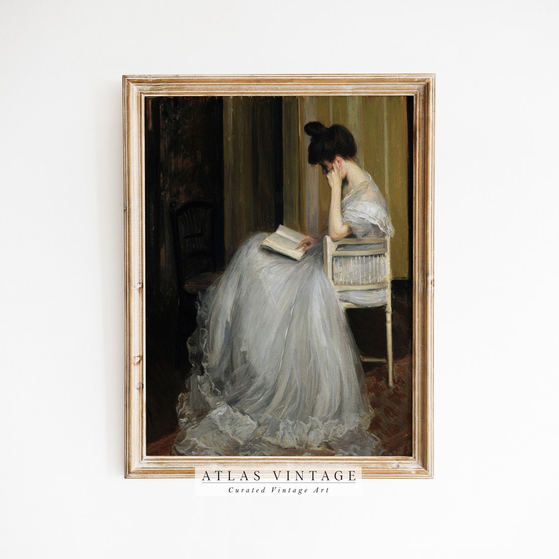 Vintage Woman Reading Book Portrait Moody White Dress Interior Poster