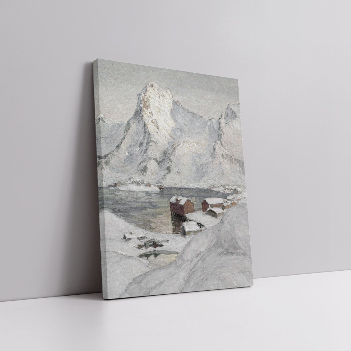 Vintage Snowy Mountain Cabins Winter Lake Antique Painting Poster - Image 6