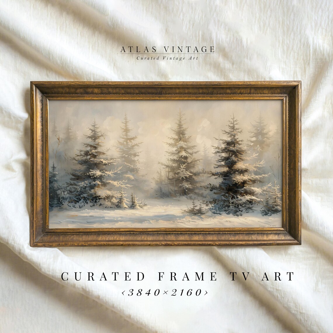 Snowy Evergreen Forest in Sunlit Mist Vintage Winter Frame TV Poster