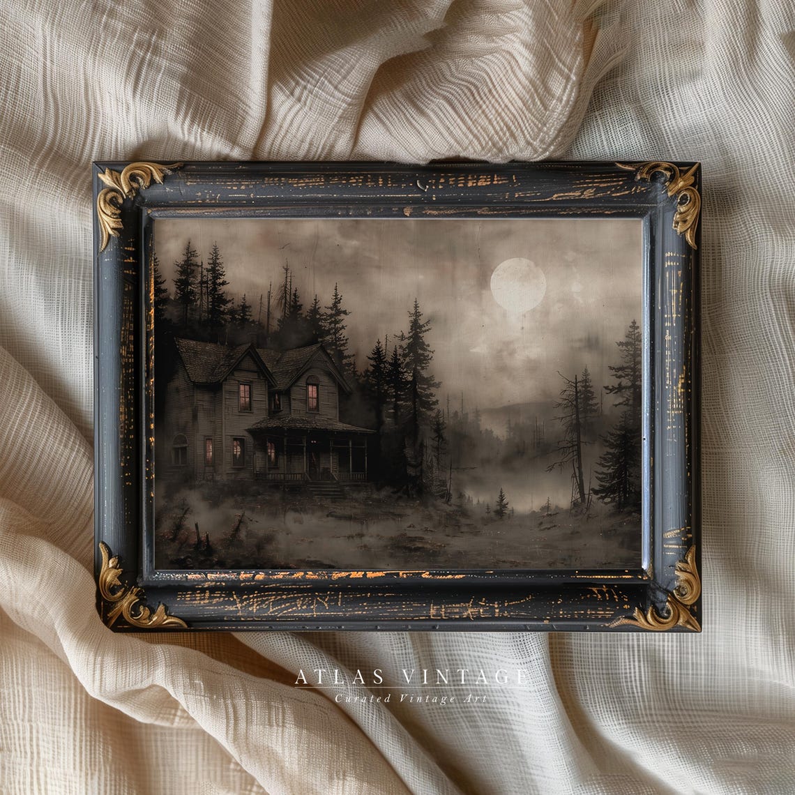 Haunted House in Moonlit Forest with Full Moon Spooky Halloween Poster - Image 3