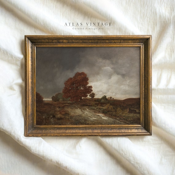 Moody Autumn Forest Path With Red Maple Dark Cloudy Sky Poster