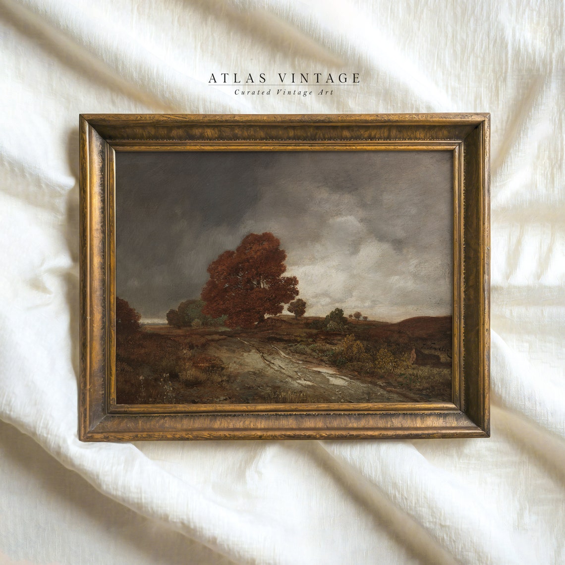 Moody Autumn Forest Path With Red Maple Dark Cloudy Sky Poster