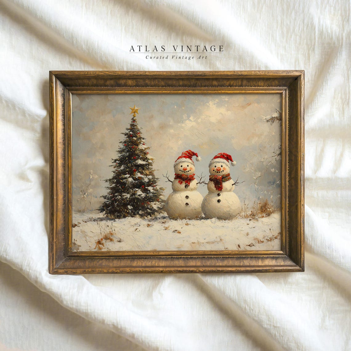 Two Snowmen With Santa Hats Beside a Snowy Christmas Tree Poster