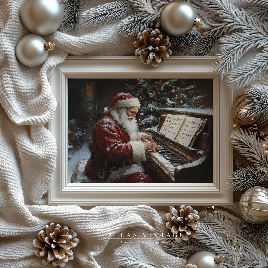 Vintage Christmas Print Santa Claus Playing Piano Oil Painting Xmas Wall Decor Winter Festive Art Holiday Music Prints - Image 6