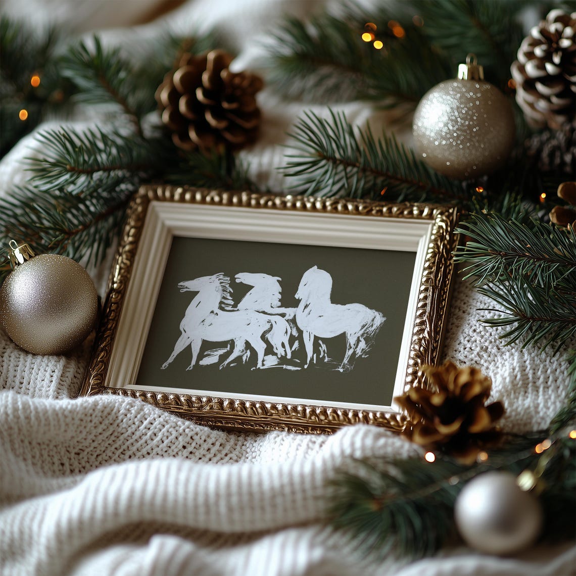 Three White Horses Sketch on Dark Olive Equestrian Vintage Wall Art - Image 3