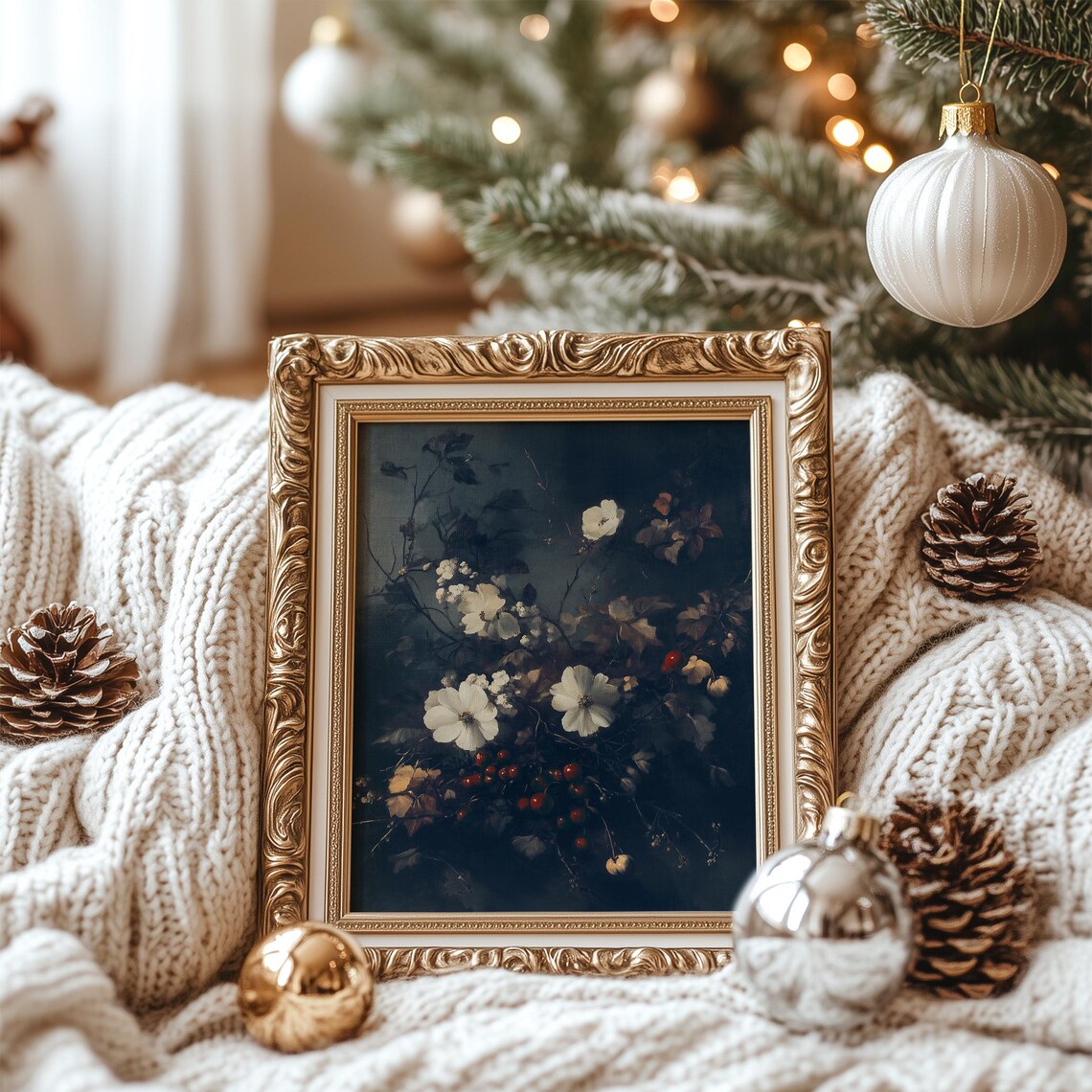 Dark Winter White Flowers Red Berries Seasonal Botanical Poster - Image 3