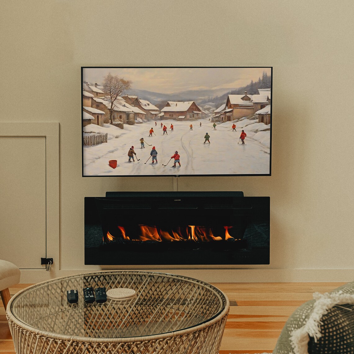 Vintage Christmas Frame Tv Art Winter Village Frame Tv Holiday Screensaver Hockey Players Landscape Painting - Image 2