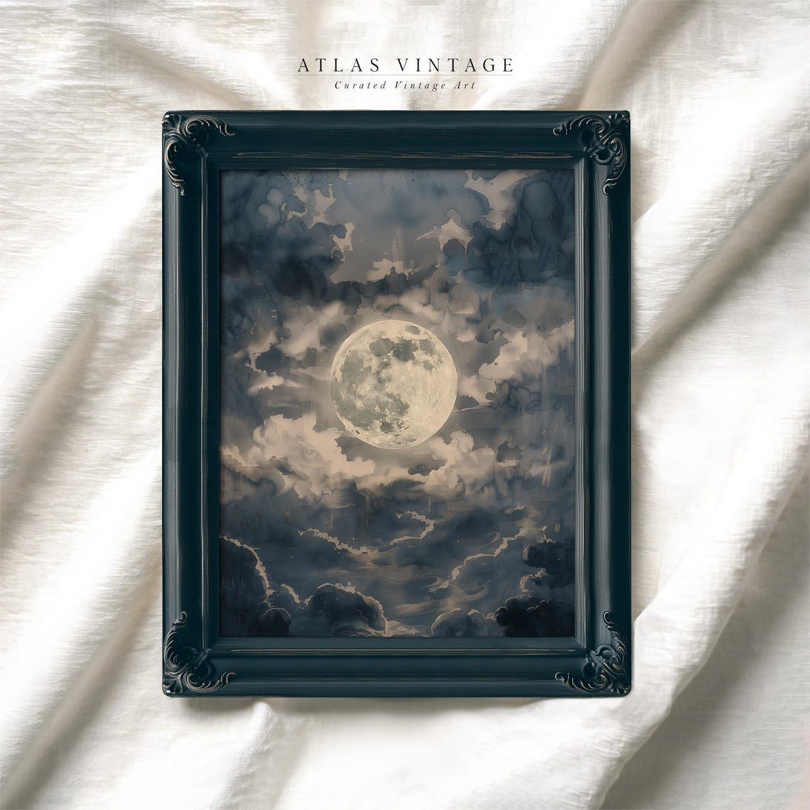 Full Moon in Cloudy Night Sky Dark Moody Lunar Painting Poster - Image 7