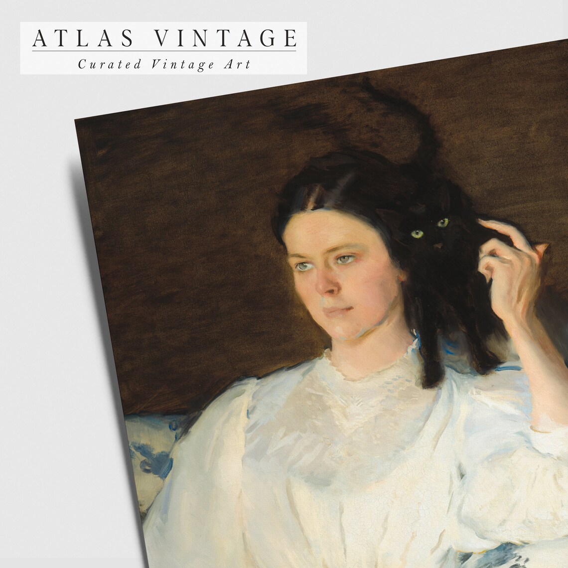 Vintage Portrait of Woman in White Dress with Black Cat Poster - Image 4